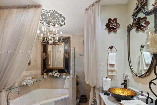 1805 Ponce De Leon Blvd Unit 1200, Coral Gables, FL 33134 - full bath with a whirlpool tub, a chandelier, and vanity