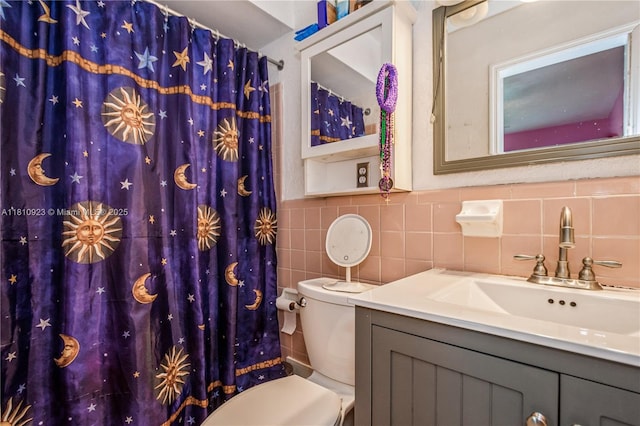 4697 SW 35th Ave, Dania Beach, FL 33312 - bathroom with toilet, tile walls, vanity, a shower with shower curtain, and decorative backsplash