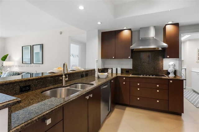 1 N Ocean Blvd Unit 508, Pompano Beach, FL 33062 - kitchen with wall chimney range hood, a sink, black electric cooktop, stainless steel dishwasher, and dark stone countertops
