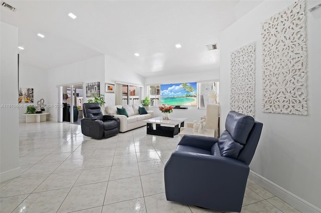 13236 SW 51st St, Miramar, FL 33027 - living area with baseboards, light tile patterned flooring, recessed lighting, and high vaulted ceiling