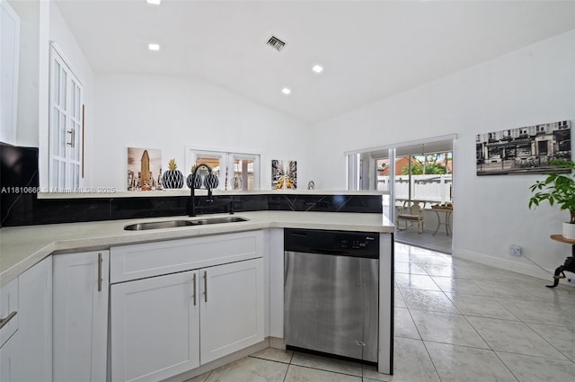 13236 SW 51st St, Miramar, FL 33027 - kitchen featuring dishwasher, a sink, lofted ceiling, white cabinetry, and light countertops