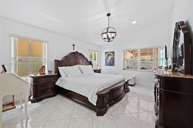 13236 SW 51st St, Miramar, FL 33027 - bedroom featuring a chandelier, vaulted ceiling, baseboards, and light tile patterned floors