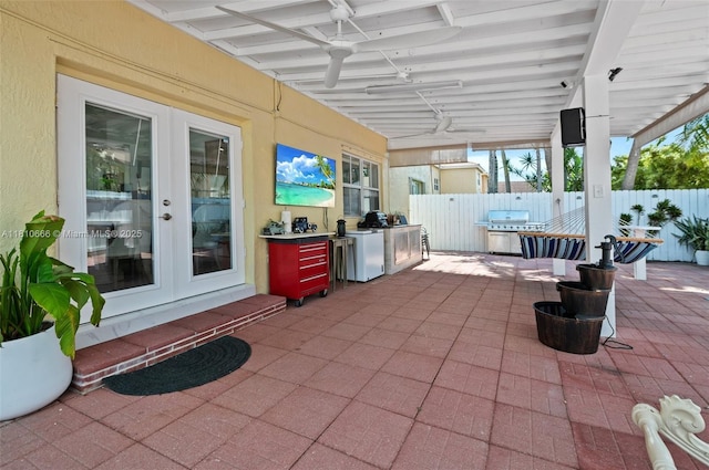 13236 SW 51st St, Miramar, FL 33027 - view of patio with an outdoor kitchen, french doors, and ceiling fan