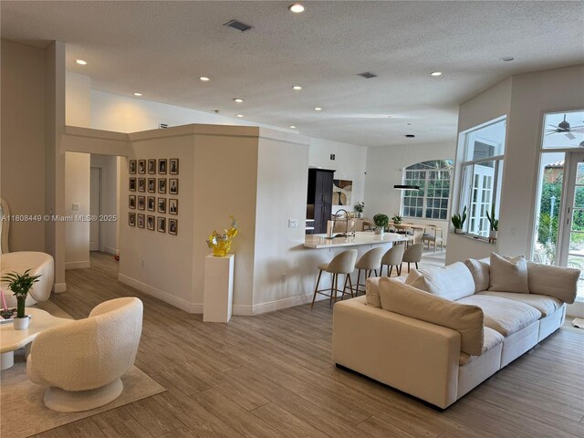 14601 SW 99th Ave, Miami, FL 33176 - living room featuring wood finished floors, a textured ceiling, recessed lighting, and baseboards