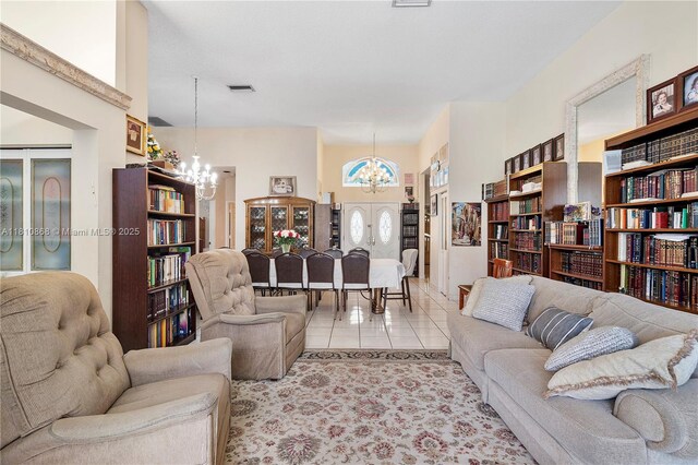 1357 Camellia Ln, Weston, FL 33326 - living room featuring a chandelier, light tile patterned floors, and a towering ceiling