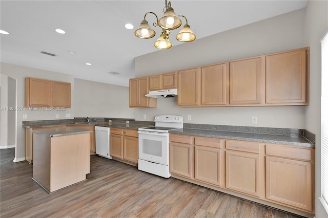 7974 Niagara Falls Ct, Orlando, FL 32825 - kitchen with white appliances, under cabinet range hood, light brown cabinets, recessed lighting, and wood finished floors
