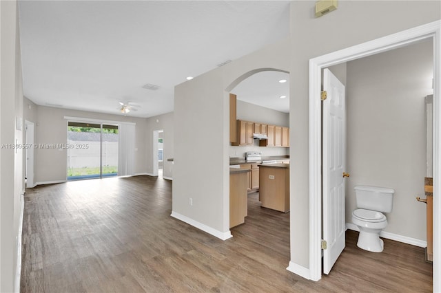 7974 Niagara Falls Ct, Orlando, FL 32825 - unfurnished living room featuring wood finished floors, arched walkways, ceiling fan, and baseboards