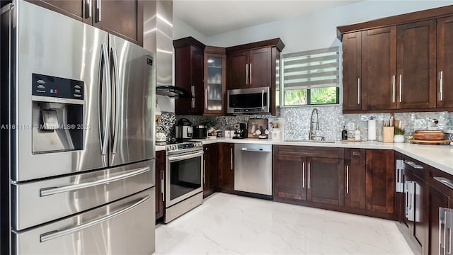 19120 SW 127th Pl, Miami, FL 33177 - kitchen with appliances with stainless steel finishes, a sink, dark brown cabinetry, light countertops, and decorative backsplash