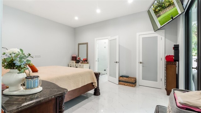 19120 SW 127th Pl, Miami, FL 33177 - bedroom featuring recessed lighting, light marble finish floors, and french doors