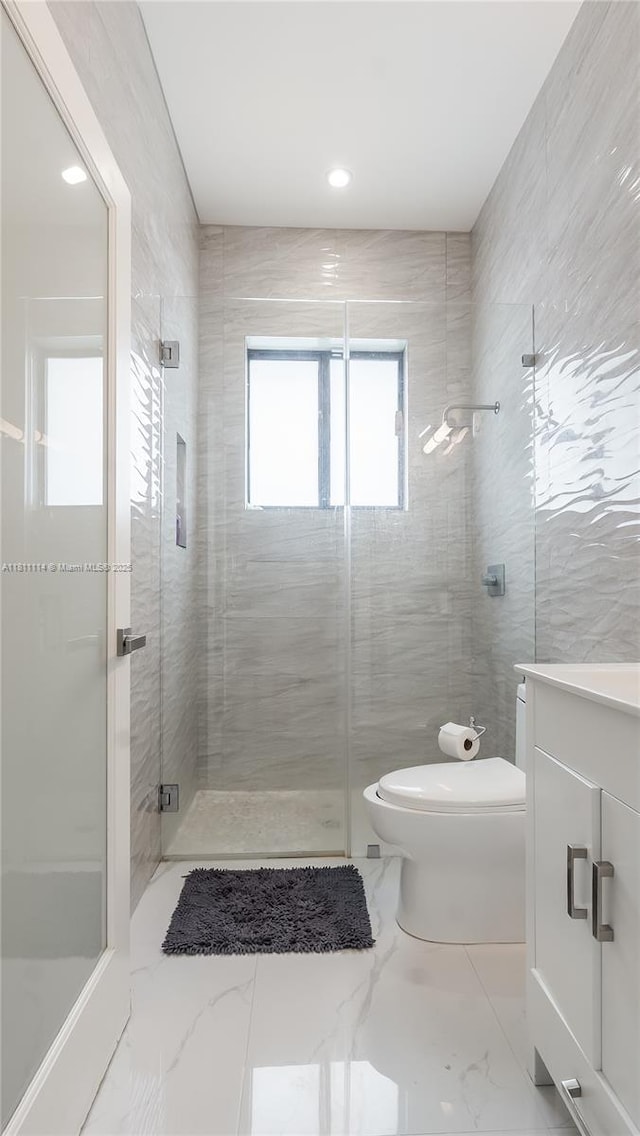 19120 SW 127th Pl, Miami, FL 33177 - full bathroom featuring a shower stall, toilet, vanity, recessed lighting, and marble tiled floors