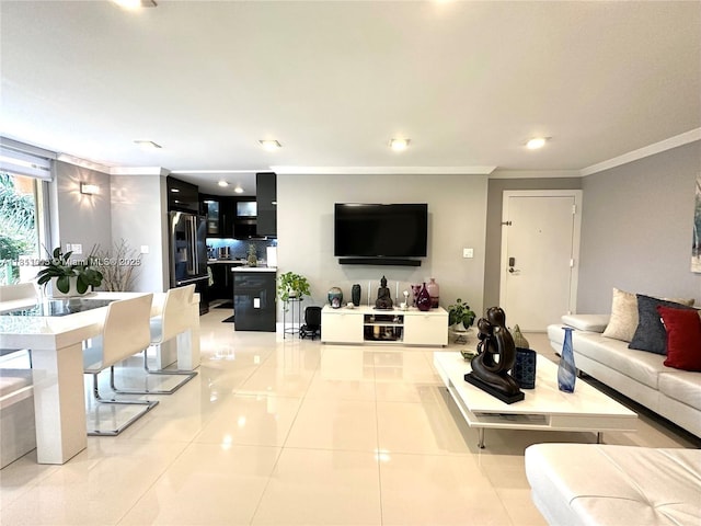 9350 Fontainebleau Blvd Unit 414, Miami, FL 33172 - living room featuring ornamental molding, light tile patterned flooring, and recessed lighting