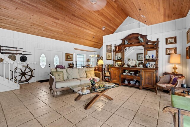15820 SW 250th St, Homestead, FL 33031 - living room featuring wood ceiling, lofted ceiling, a chandelier, and light tile patterned floors