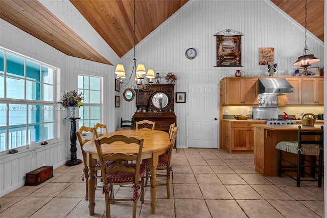 15820 SW 250th St, Homestead, FL 33031 - dining space featuring lofted ceiling, wood ceiling, light tile patterned flooring, a chandelier, and plenty of natural light