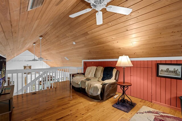 15820 SW 250th St, Homestead, FL 33031 - living area featuring a ceiling fan, lofted ceiling, wood finished floors, wood ceiling, and wood walls