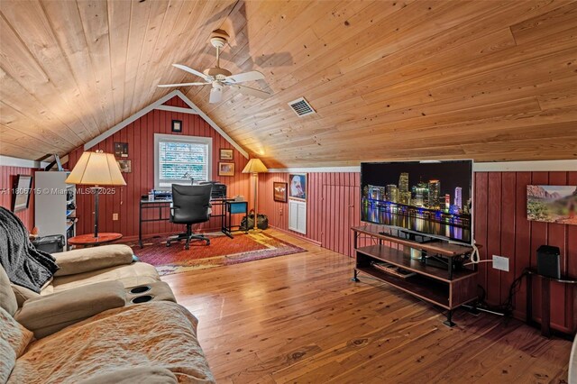 15820 SW 250th St, Homestead, FL 33031 - office with wooden ceiling, hardwood / wood-style flooring, wooden walls, lofted ceiling, and ceiling fan