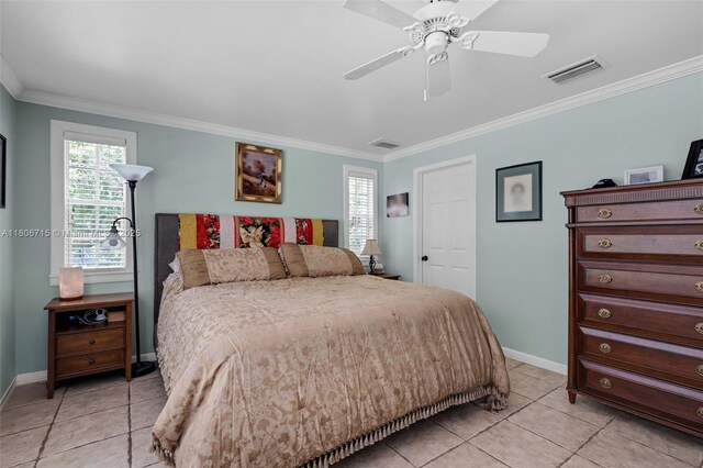 15820 SW 250th St, Homestead, FL 33031 - bedroom featuring light tile patterned flooring, ornamental molding, baseboards, and a ceiling fan