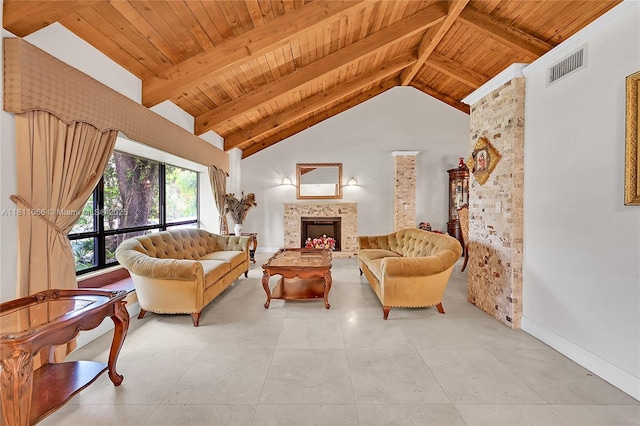 863 W Coco Plum Cir, Plantation, FL 33324 - living room featuring a fireplace with raised hearth, wood ceiling with exposed beams, baseboards, and high vaulted ceiling