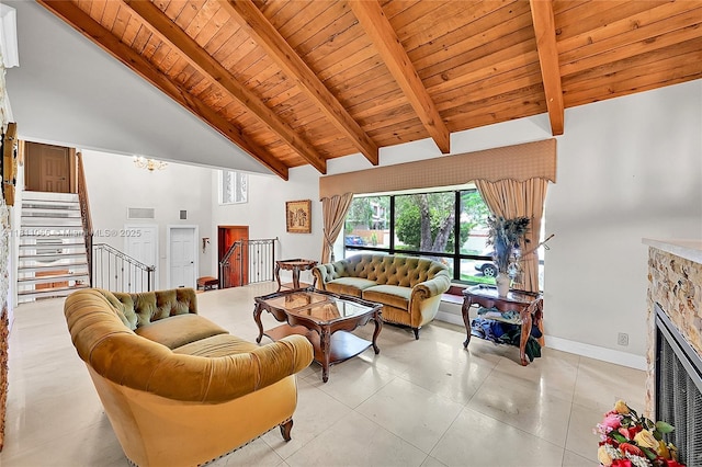 863 W Coco Plum Cir, Plantation, FL 33324 - living room with high vaulted ceiling, wood ceiling with exposed beams, a fireplace, stairway, and a chandelier