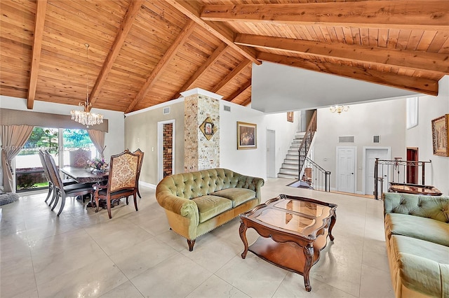 863 W Coco Plum Cir, Plantation, FL 33324 - living area with a chandelier, wood ceiling with exposed beams, stairway, high vaulted ceiling, and light tile patterned flooring
