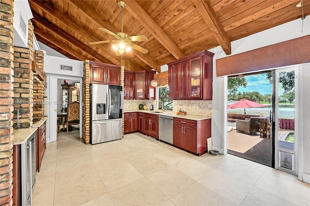 863 W Coco Plum Cir, Plantation, FL 33324 - kitchen featuring appliances with stainless steel finishes, tasteful backsplash, a sink, wood ceiling, and a ceiling fan