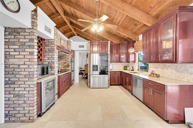 863 W Coco Plum Cir, Plantation, FL 33324 - kitchen with black appliances, wine cooler, a sink, wood ceiling, and tasteful backsplash