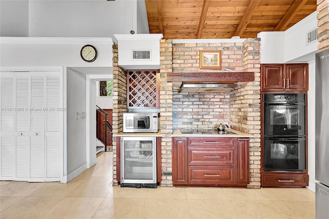 863 W Coco Plum Cir, Plantation, FL 33324 - kitchen with wooden ceiling, black appliances, wine cooler, light countertops, and dark brown cabinets