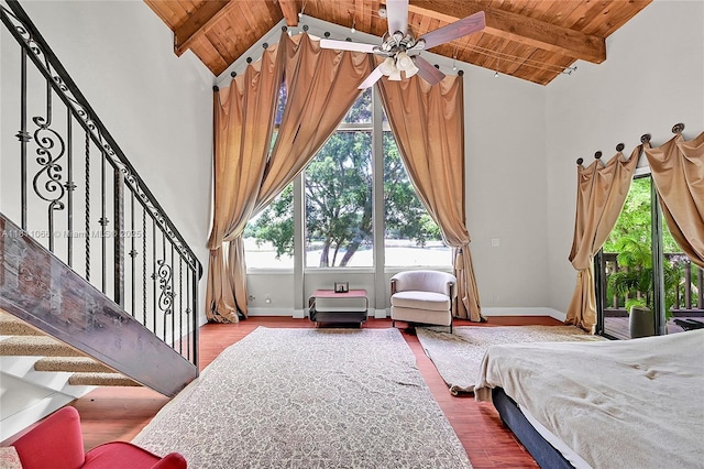 863 W Coco Plum Cir, Plantation, FL 33324 - bedroom with wood ceiling with exposed beams, high vaulted ceiling, baseboards, and wood finished floors