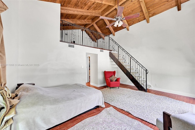 863 W Coco Plum Cir, Plantation, FL 33324 - bedroom with wood ceiling with exposed beams, baseboards, wood finished floors, and high vaulted ceiling