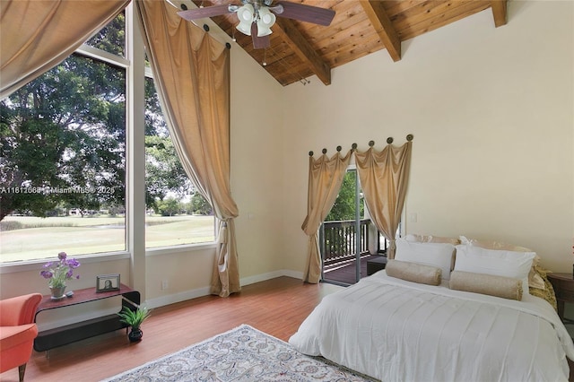 863 W Coco Plum Cir, Plantation, FL 33324 - bedroom with access to exterior, wood finished floors, wood ceiling with exposed beams, baseboards, and high vaulted ceiling