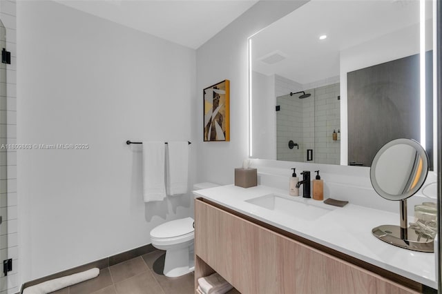 398 NE 5th St Unit 3503, Miami, FL 33132 - full bathroom featuring toilet, vanity, a shower stall, tile patterned flooring, and baseboards