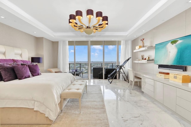 9701 Collins Ave Unit 2403S, Bal Harbour, FL 33154 - bedroom featuring access to outside, light marble finish flooring, a tray ceiling, a chandelier, and floor to ceiling windows