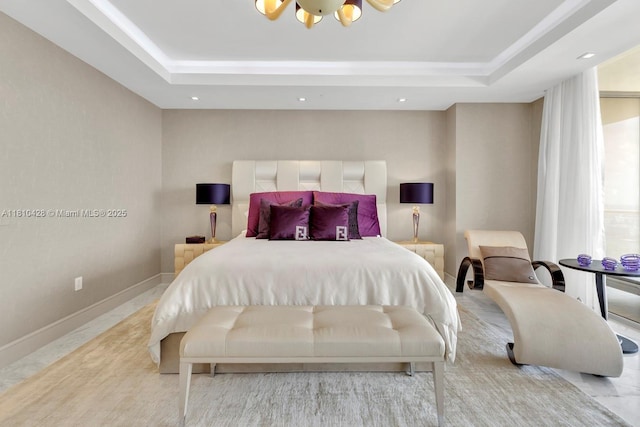 9701 Collins Ave Unit 2403S, Bal Harbour, FL 33154 - bedroom with a raised ceiling, baseboards, and recessed lighting