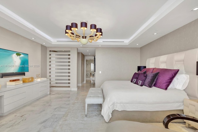 9701 Collins Ave Unit 2403S, Bal Harbour, FL 33154 - bedroom featuring a raised ceiling, light marble finish flooring, a chandelier, and recessed lighting