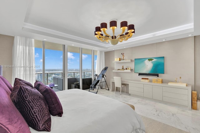 9701 Collins Ave Unit 2403S, Bal Harbour, FL 33154 - bedroom featuring a tray ceiling, light marble finish flooring, access to exterior, a chandelier, and recessed lighting
