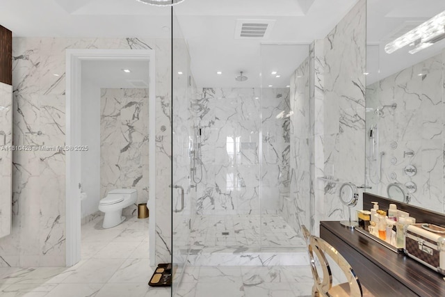 9701 Collins Ave Unit 2403S, Bal Harbour, FL 33154 - full bathroom featuring stone wall, a marble finish shower, toilet, marble tiled flooring, and vanity