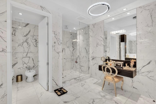 9701 Collins Ave Unit 2403S, Bal Harbour, FL 33154 - full bath featuring stone wall, a bidet, a marble finish shower, marble tiled floors, and toilet