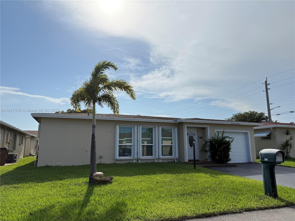 4911 NW 14th Ave, Deerfield Beach, FL 33064 - ranch-style house featuring a garage, a front lawn, asphalt driveway, and stucco siding
