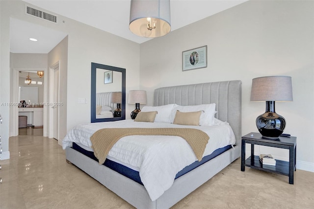 4779 Collins Ave Unit 4006, Miami Beach, FL 33140 - bedroom featuring a chandelier, marble finish floors, and baseboards