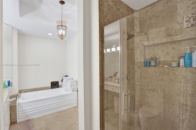 4779 Collins Ave Unit 4006, Miami Beach, FL 33140 - full bathroom with a bath, a stall shower, and a chandelier