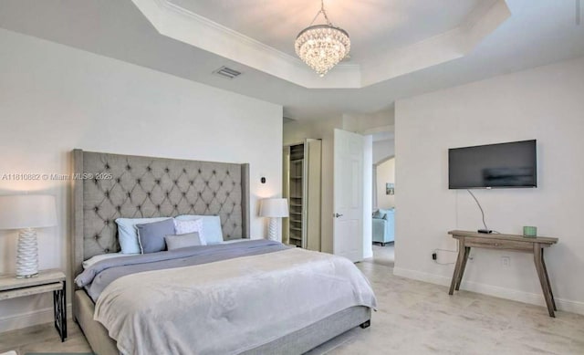 5342 SW 173rd Ave, Miramar, FL 33029 - bedroom featuring crown molding, a chandelier, a tray ceiling, and baseboards