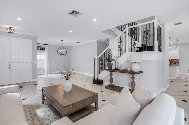 15862 SW 24th St, Miramar, FL 33027 - living room with stairway, tile patterned floors, a chandelier, and recessed lighting