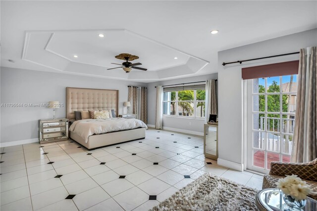 15862 SW 24th St, Miramar, FL 33027 - bedroom featuring a raised ceiling, access to outside, light tile patterned floors, recessed lighting, and a ceiling fan