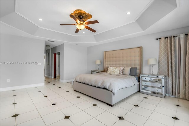 15862 SW 24th St, Miramar, FL 33027 - bedroom featuring a raised ceiling, recessed lighting, a ceiling fan, and light tile patterned floors