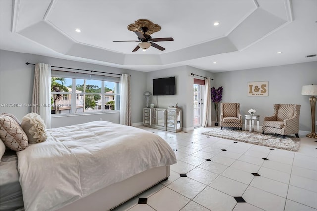 15862 SW 24th St, Miramar, FL 33027 - bedroom featuring a tray ceiling, multiple windows, light tile patterned floors, recessed lighting, and access to outside