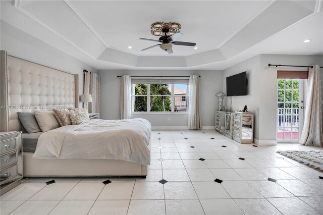 15862 SW 24th St, Miramar, FL 33027 - bedroom featuring a raised ceiling, access to exterior, light tile patterned floors, recessed lighting, and a ceiling fan