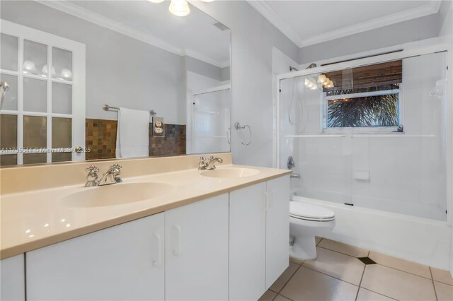 15862 SW 24th St, Miramar, FL 33027 - bathroom with double vanity, ornamental molding, tile patterned flooring, and shower / bath combination