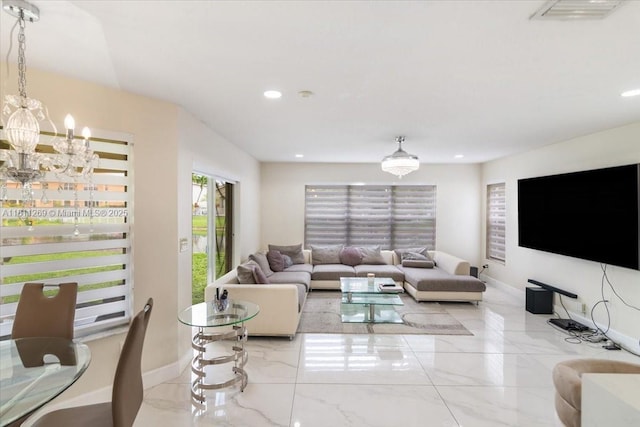 16466 SW 29th St, Miramar, FL 33027 - living area featuring a chandelier, marble tiled floors, recessed lighting, and baseboards