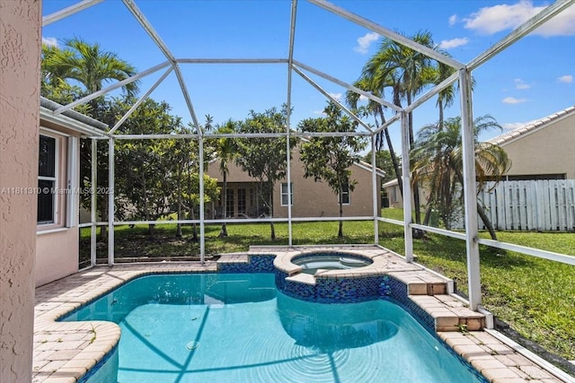 930 Briar Ridge Rd, Weston, FL 33327 - view of swimming pool with glass enclosure, a pool with connected hot tub, and a lawn