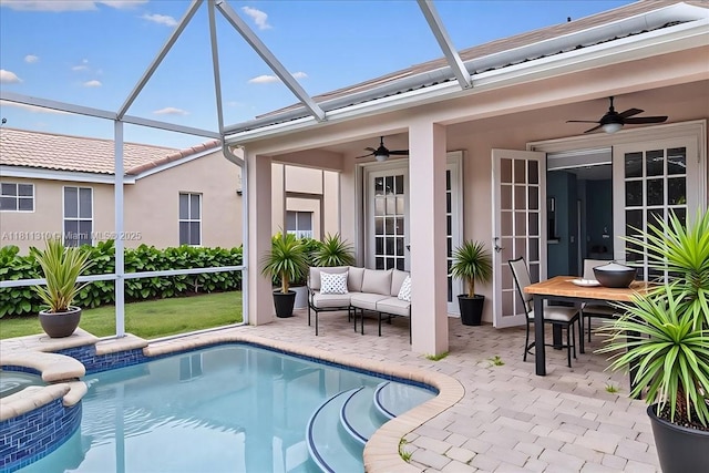 930 Briar Ridge Rd, Weston, FL 33327 - outdoor pool with a ceiling fan, a patio, an outdoor living space, and glass enclosure