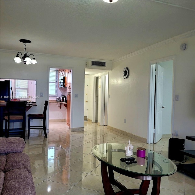 2905 Point E Dr Unit L402, Aventura, FL 33160 - living area featuring ornamental molding, a chandelier, light tile patterned flooring, and baseboards